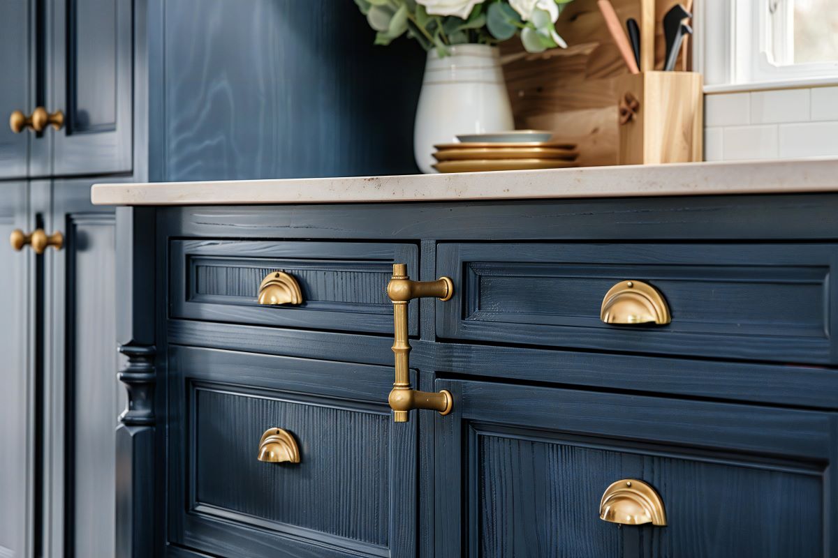 Expert Cabinet Refinishing Contractor to Transform Your Space 4 Navy blue kitchen cabinets with brass hardware refinished by an experienced cabinet refinishing contractor for a modern look