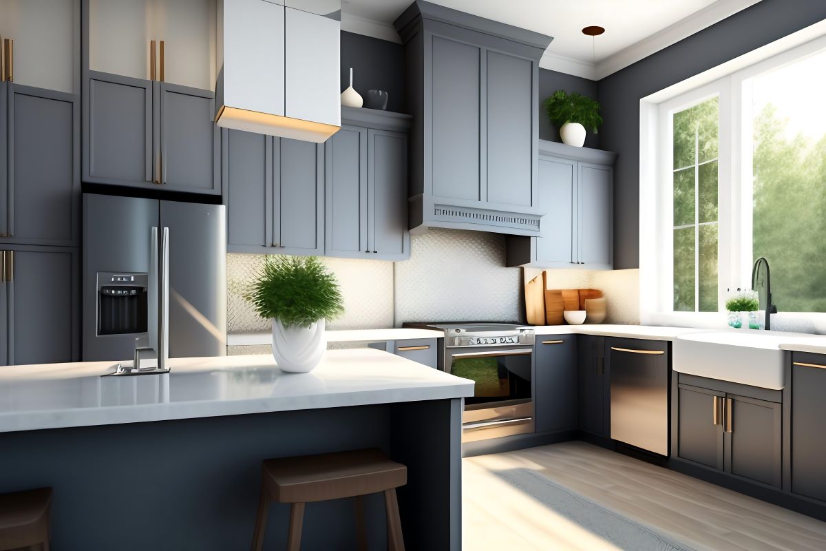 Expert Cabinet Refinishing Contractor to Transform Your Space 2 Modern kitchen with sleek grey cabinets, white countertops, stainless steel appliances, and natural sunlight.
