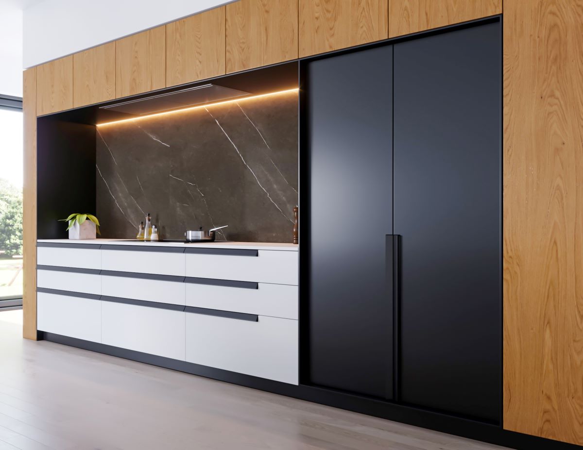 Expert Cabinet Refinishing Contractor to Transform Your Space 3 Modern black and wood kitchen cabinets updated by a professional cabinet refinishing contractor with sleek, minimalist design