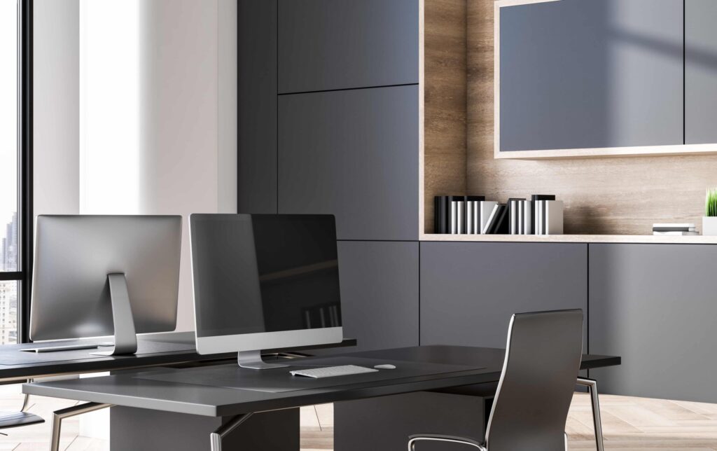 clean grey coworking office interior with wooden flooring daylight workplace with computer business interiors concept 3d rendering min scaled e1756803779399
