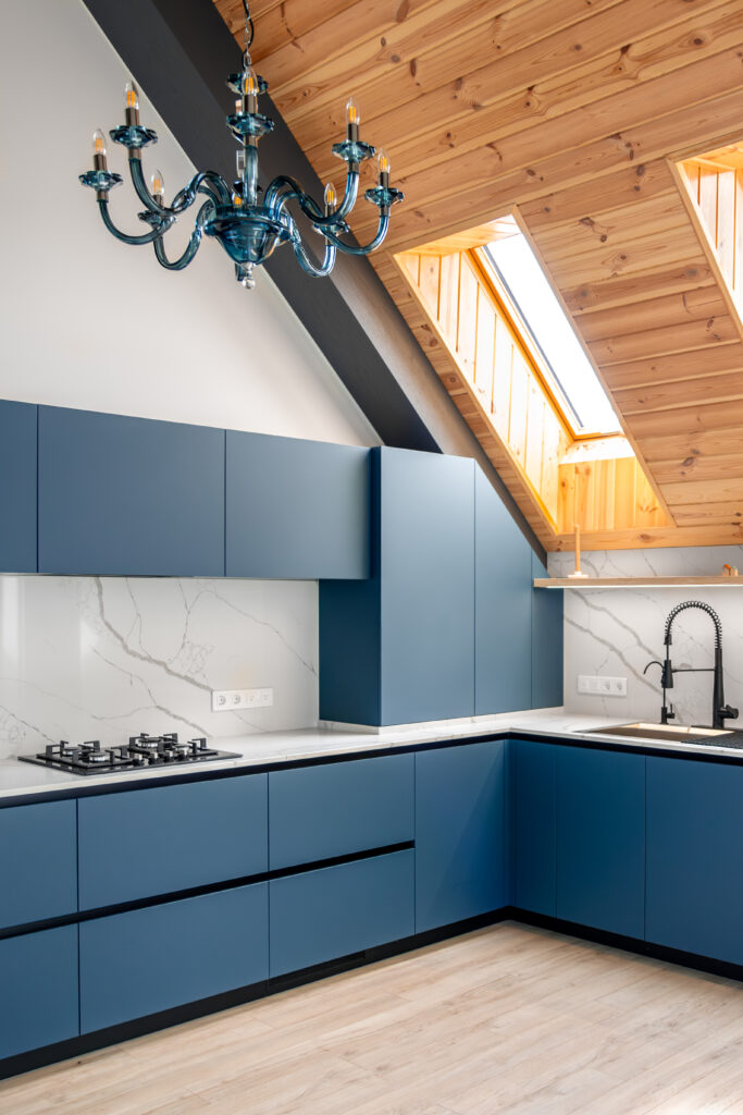 blue kitchen fronts glass chandelier attic light
