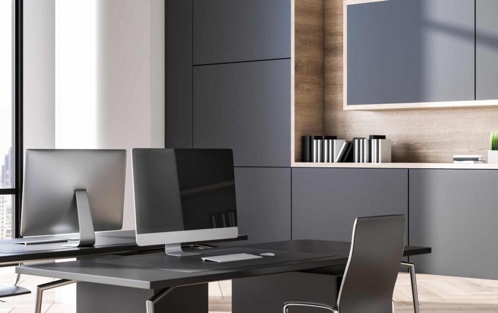 clean grey coworking office interior with wooden flooring daylight workplace with computer business interiors concept 3d rendering min scaled e1756803779399 1