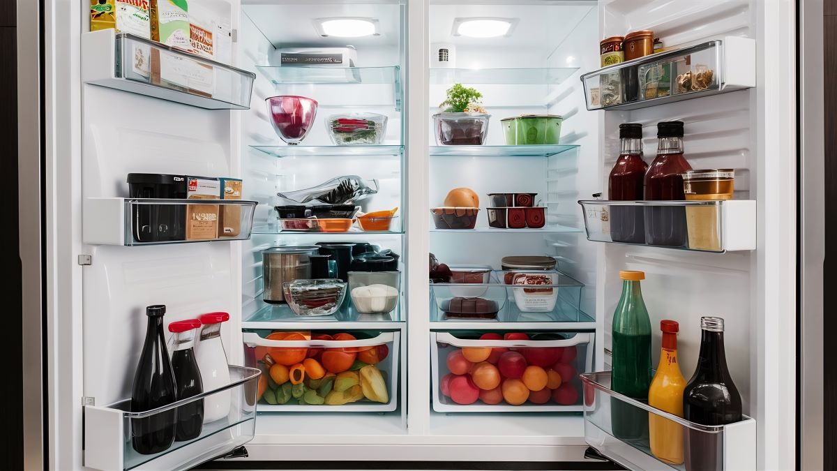 Exploring Art of Fridgescaping: Tips for a Stylish Fridge Makeover 4 Colorful fridgescaping arrangement with healthy groceries inside
